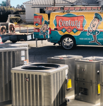 Century Air Inc truck delivering new units for  AC installation and taking away old ones