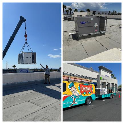 New AC units awaiting Century Air Inc installation in Las Vegas and old ones being hauled away