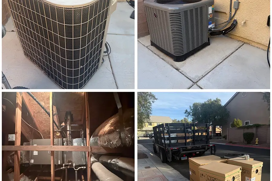 Outdoor AC condenser being repaired at a Las Vegas home